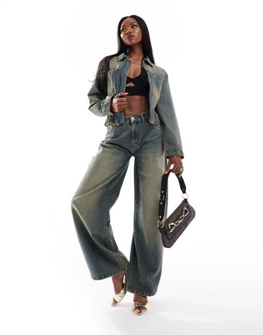 Kaiia - Ensemble avec jean ample et veste en jean zippée - Bleu foncé délavé