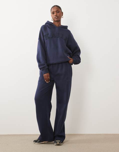 Kaiia - Ensemble en bouclé riche en coton avec sweat à capuche oversize à logo et pantalon de jogging - Bleu profond - view 1