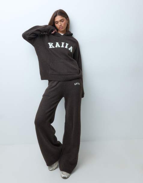 Kaiia - Ensemble en maille avec pantalon ample et sweat à capuche à broderie logo - Chocolat - view 1