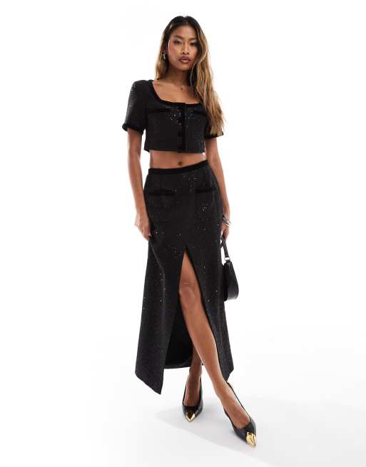 Kaiia - Ensemble en tissu bouclé avec jupe longue et crop top boutonné - Noir
