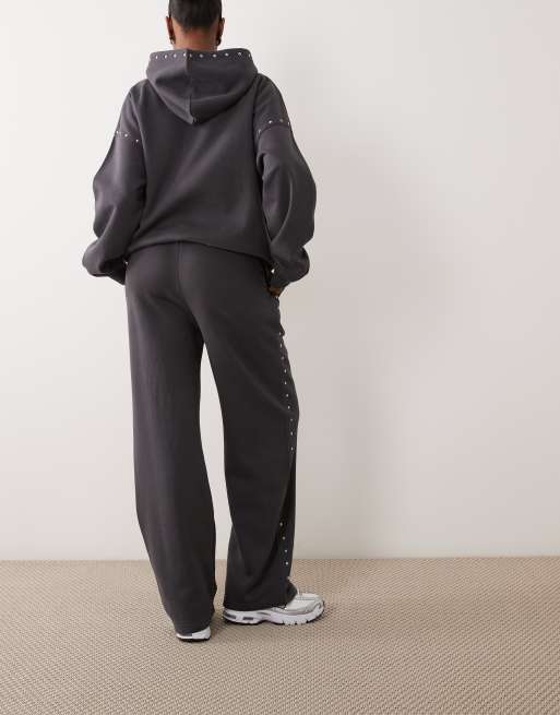 Kaiia ensemble jogging large à jambes larges avec clous en coton riche en gris foncé, 5 de 5