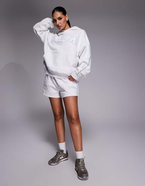 Kaiia - Ensemble sweat à capuche oversize à logo brodé et bande latérale avec short en coton majoritaire - Gris clair chiné et bleu - view 1