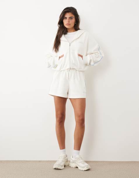 Kaiia - Ensemble sweat à capuche oversize zippé et short en tissu éponge avec bande latérale à logo brodé - Blanc et bleu pastel - view 1