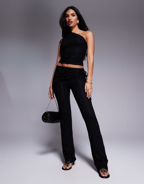 Kaiia - Ensemble top asymétrique froncé près du corps en dentelle et pantalon en dentelle à ceinture - Noir - view 1