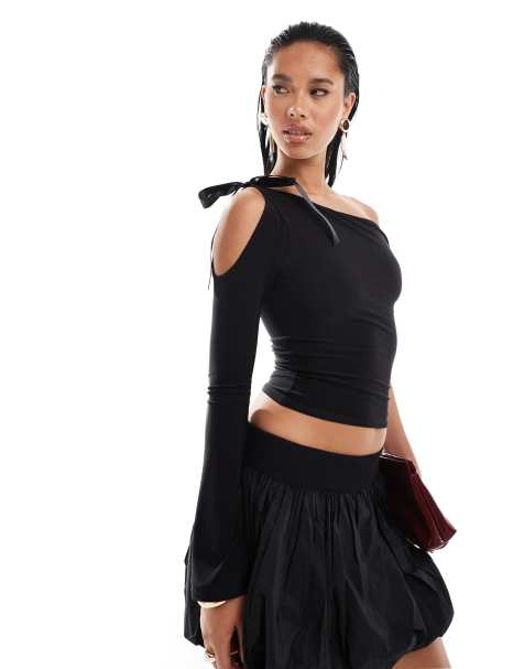 Kaiia - Etærmet oneshoulder-top med sløjfe i sort - view 1