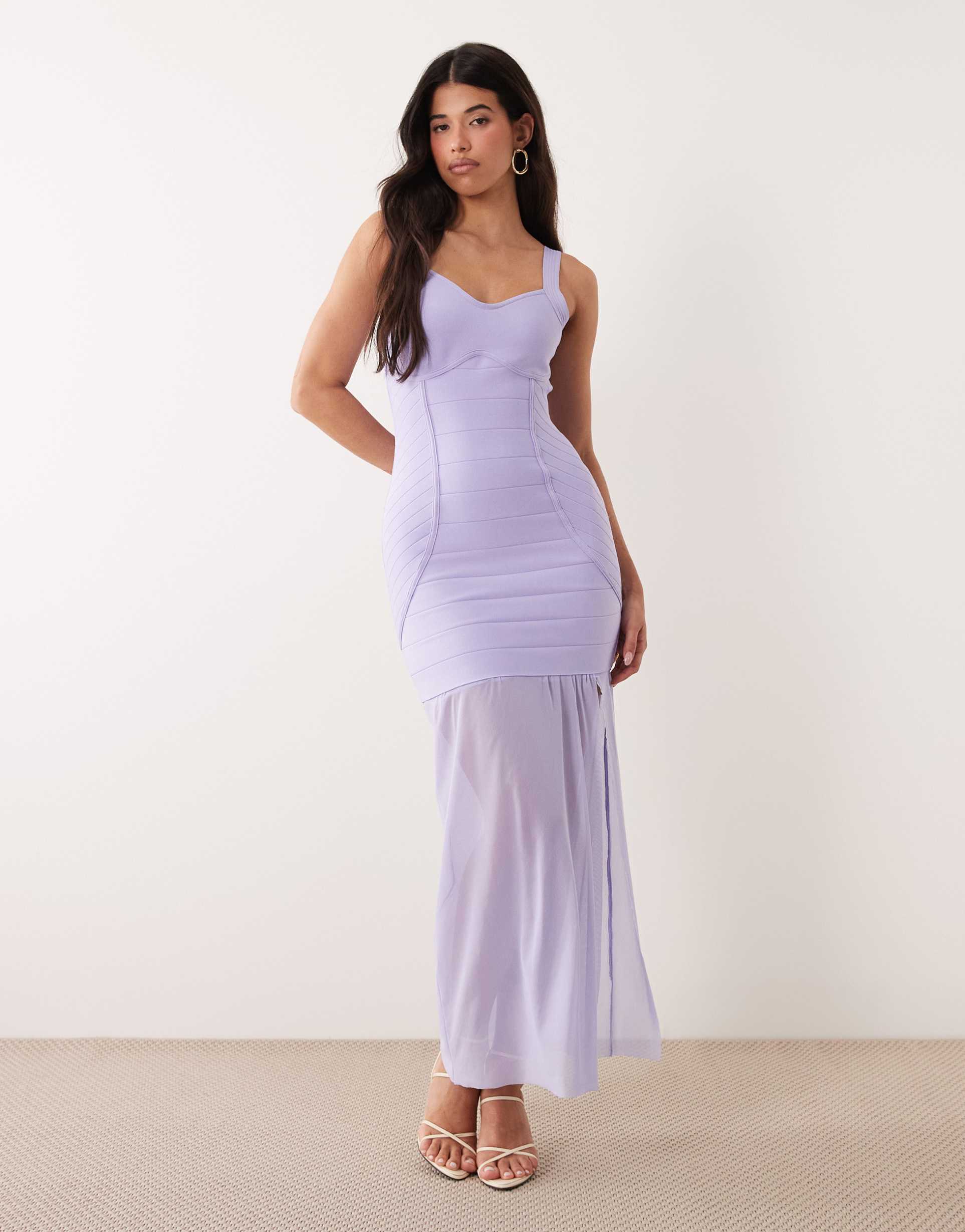 kaiia exclusive 00s maxi length sheer hem sculpting bandage dress in lilac