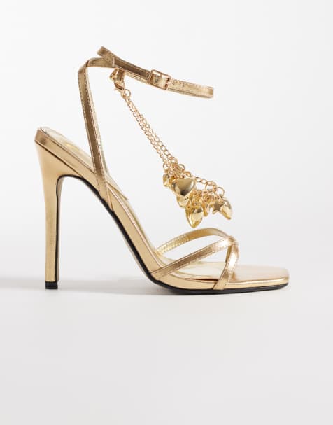 Kaiia exclusive 00s strappy heart chain detail heeled sandals in metallic gold - view 1