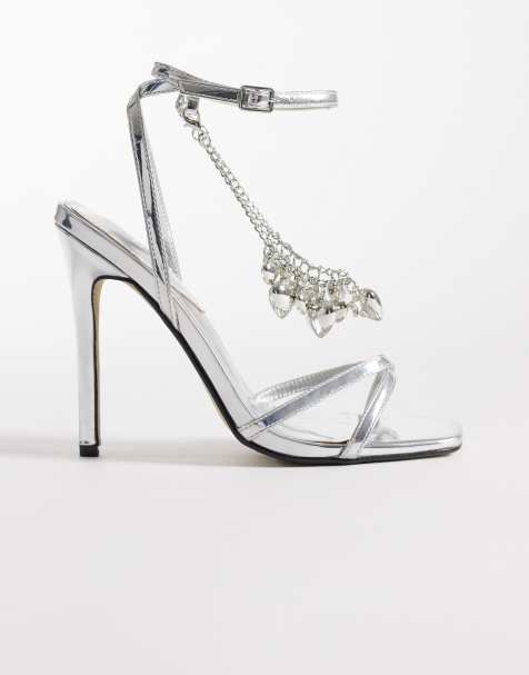 Kaiia exclusive 00s strappy heart chain detailing heeled sandals in metallic silver - view 1