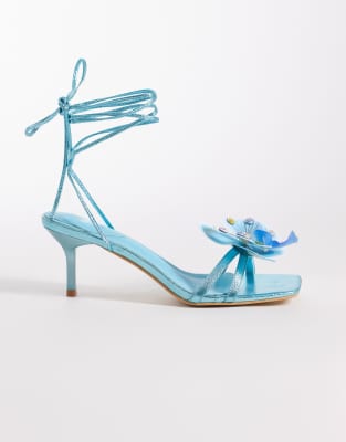 Kaiia Exclusive 00s Strappy Lace Up Diamante Orchid Floral Heeled Sandals In Blue