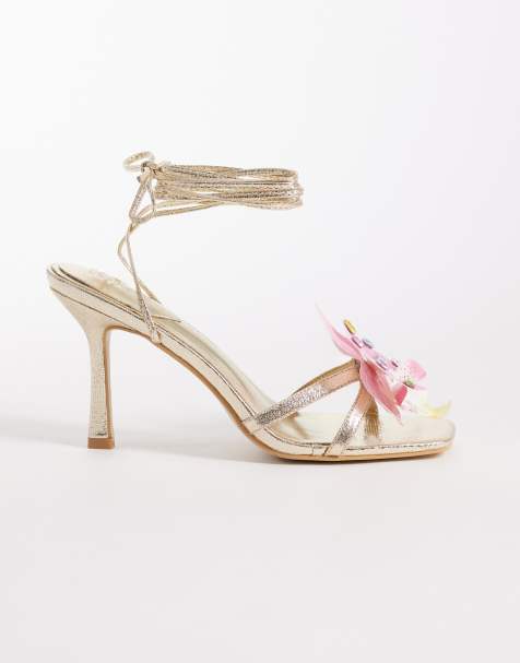 Kaiia exclusive 00s strappy lace up diamante orchid floral kitten heel sandals in gold - view 1