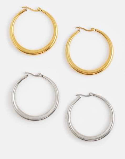 Kaiia exclusive 18k gold plated stainless steel 2 pack chunky hoop earrings in gold plating and silver plating - view 1