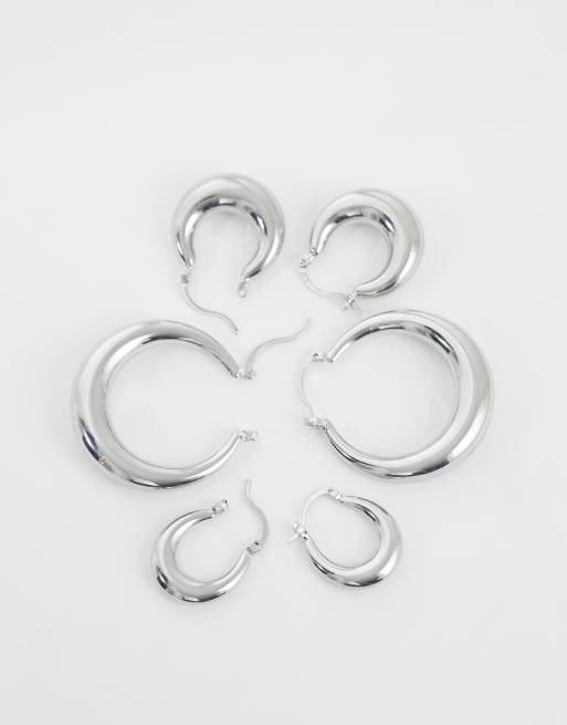 Kaiia exclusive 18k gold plated stainless steel 3 pack chunky hoop earrings in silver, 3 of 3