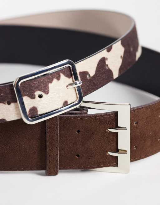 Kaiia exclusive 2 pack belts in cow print and brown faux suede, 2 of 3