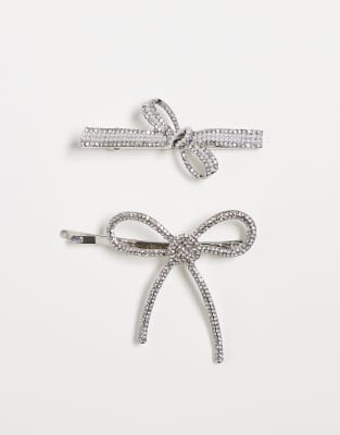Kaiia Kaiia exclusive 2 pack diamante bow hair slides in silver