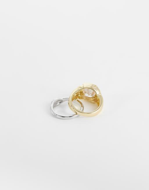 Kaiia exclusive 2 pack molten metal detail gem front ring in silver and gold, 3 of 3