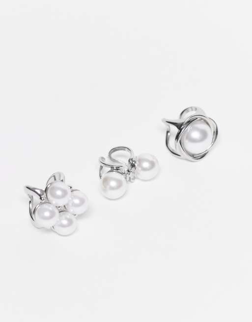 Kaiia exclusive 3 pack of chunky pearl detail rings in silver tone, 2 of 3