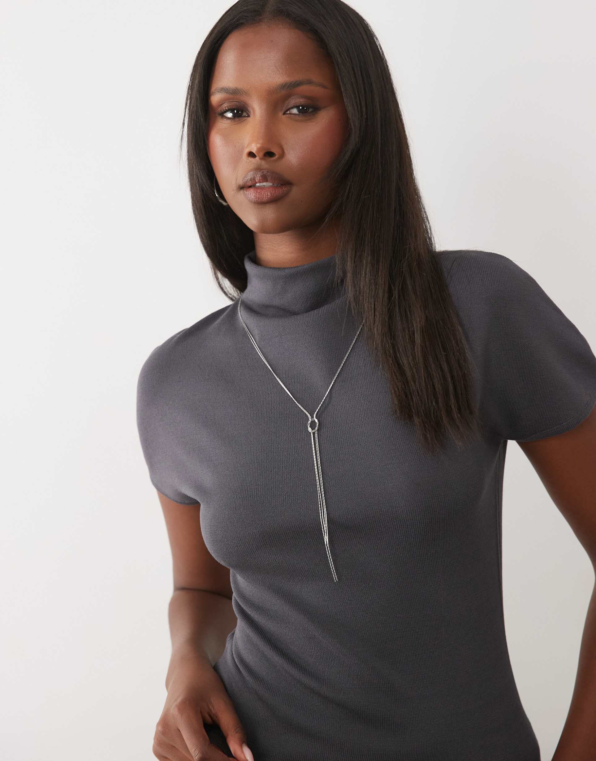 kaiia exclusive 90s fine knit high neck cap sleeve top in charcoal - part of a set