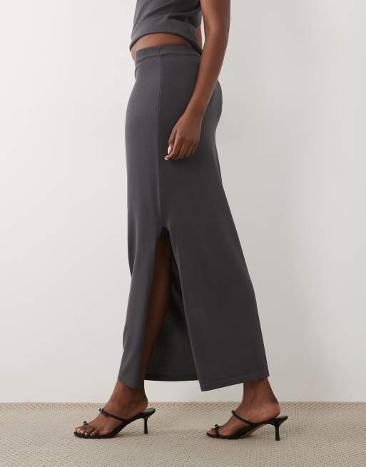 Kaiia exclusive 90s fine knit side slit midaxi skirt in charcoal - part of a set, 3 of 6
