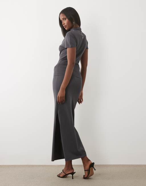 Kaiia exclusive 90s fine knit side slit midaxi skirt in charcoal - part of a set, 4 of 6