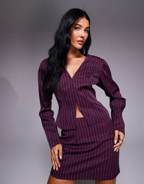 Kaiia exclusive 90s tailored split front shirt co-ord in plum pinstripe 