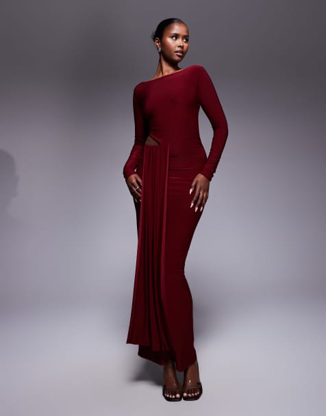Kaiia – Exclusive – Anschmiegsames, doppellagiges Maxikleid in Burgunderrot mit Cut-out und drapiertem Detail - view 1