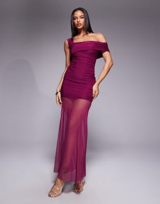 Kaiia - Exclusive - Anschmiegsames, doppellagiges Maxikleid in Himbeerrot mit asymmetrischem One-Shoulder-Träger und dur...