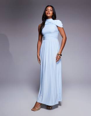 Kaiia - Exclusive - Anschmiegsames, doppellagiges Maxikleid in Staubblau mit asymmetrischer Drapierung