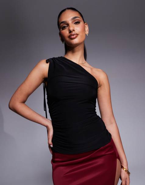 Kaiia – Exclusive – Anschmiegsames, doppellagiges Trägertop in Schwarz mit One-Shoulder-Träger zum Binden - view 1