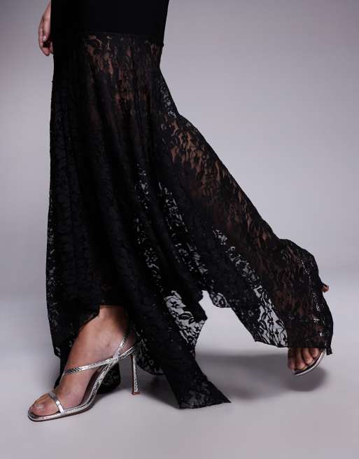 Kaiia – Exclusive – Anschmiegsames Maxikleid in Schwarz mit asymmetrischem Spitzensaum, Schaldetail und One-Shoulder-Träger, 3 von 4