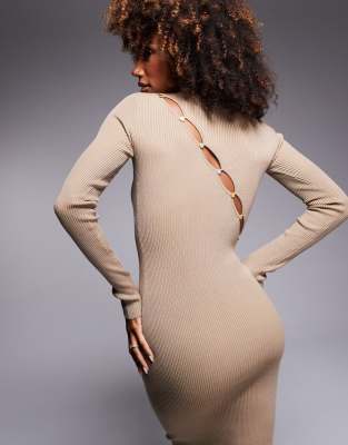 Kaiia Exclusive Asymmetric Button Back Knitted Long Sleeve Maxi Dress In Brown