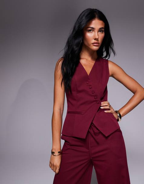 Kaiia exclusive asymmetric button-front sleeveless waistcoat top in burgundy (Part of a set) - view 1