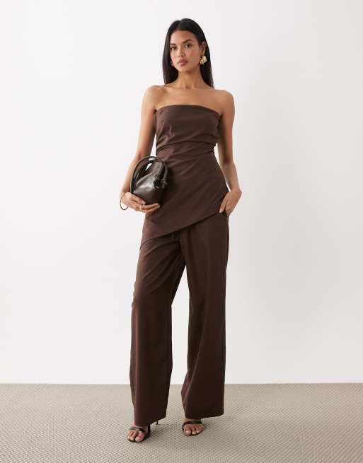 Kaiia - Exclusive - Asymmetrische bandeautop van linnenmix in bruin, deel van co-ord set, 2 van 4