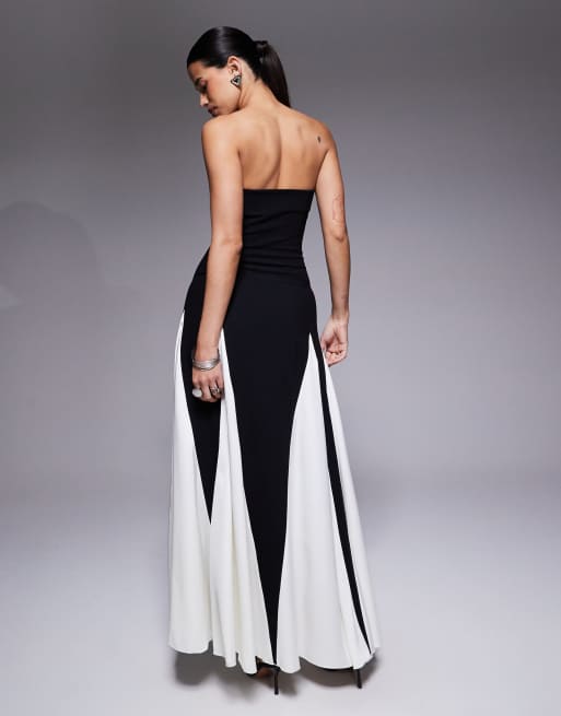 Kaiia exclusive bandeau contrast godet maxi dress in mono, 2 of 4