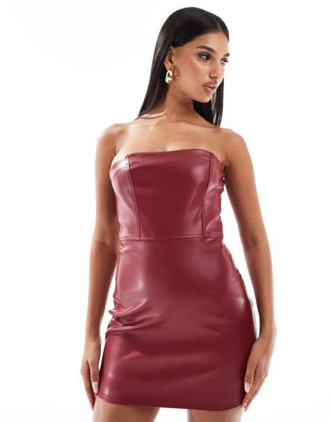 Kaiia exclusive bandeau leather look mini dress in burgund - view 1
