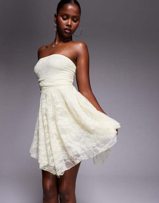 Kaiia exclusive bandeau ruffle fairy hem lace mini dress in lemon
