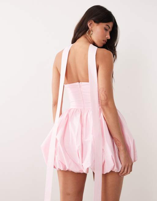 Kaiia exclusive bandeau scarf detail volume puffball mini dress in light pink, 4 of 4