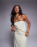 [Kaiia] Kaiia exclusive bandeau scarf hem contrast trim top in cream pinstripe (part of a set)-White 14 Cream stripe