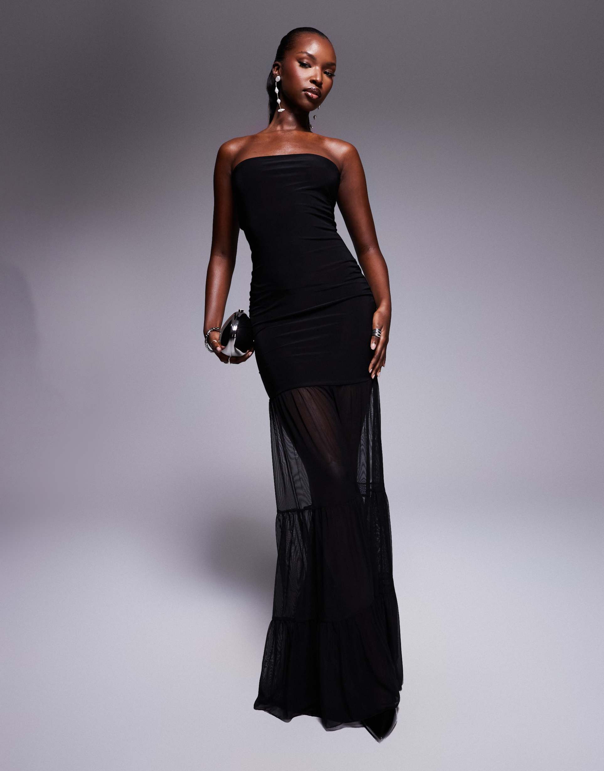 kaiia exclusive bandeau slinky mesh hem maxi dress in black