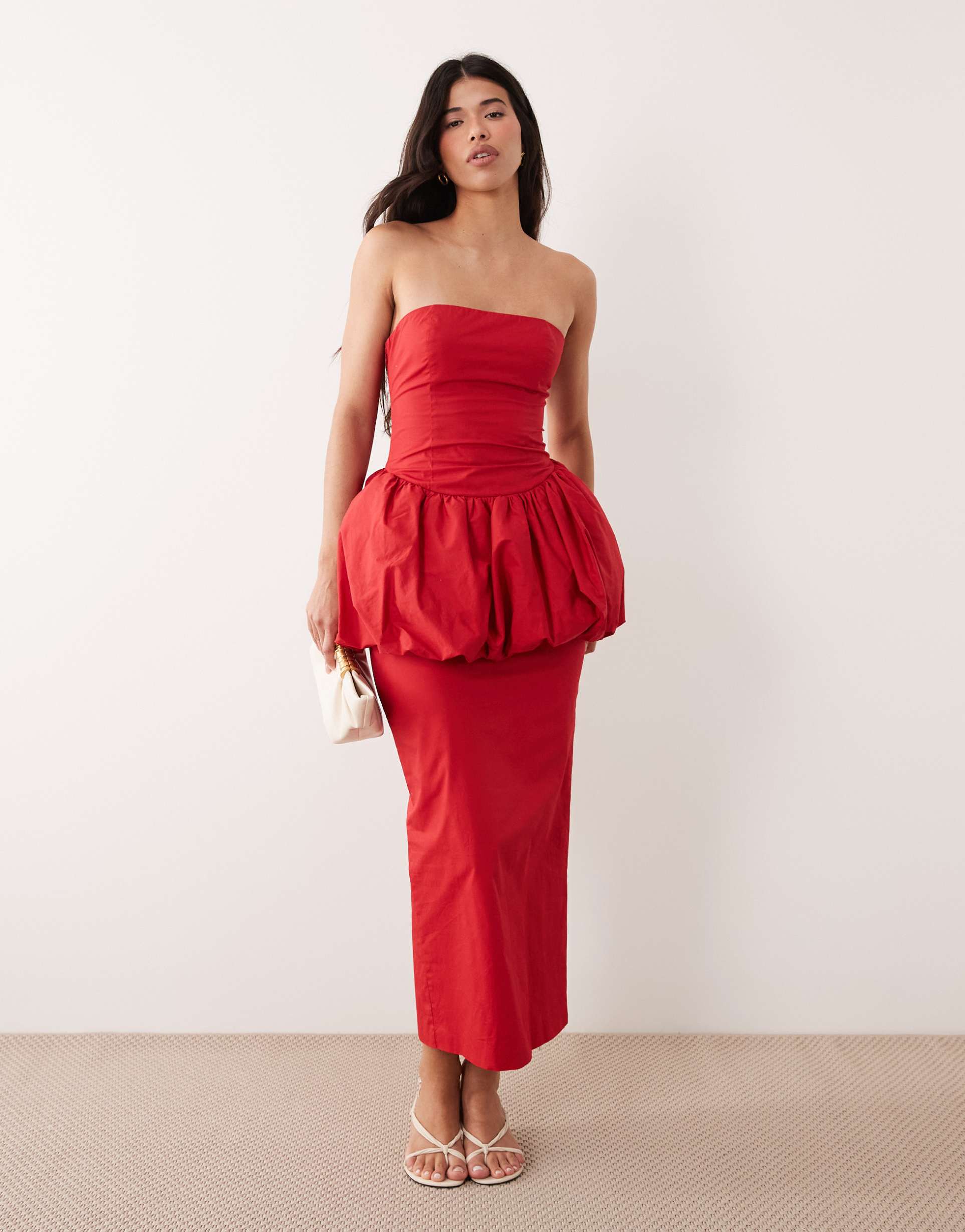kaiia exclusive bandeau volume peplum puffball lace up back column maxi dress in red