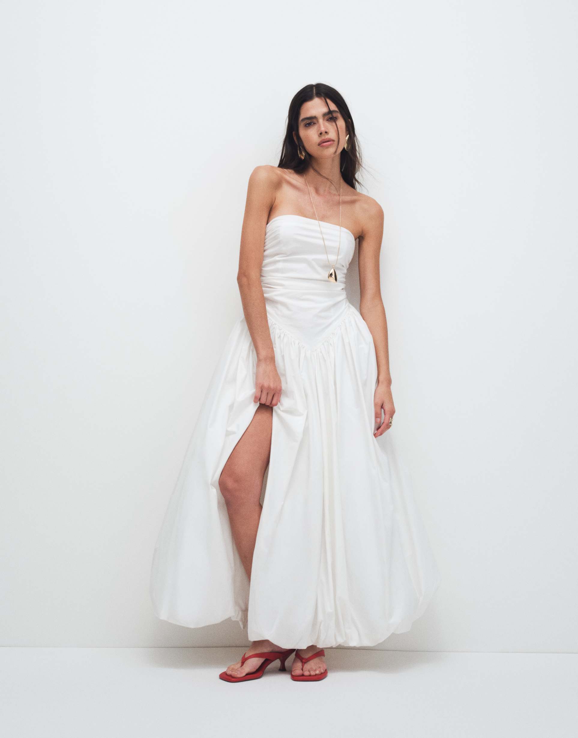 kaiia exclusive bandeau volume puffball thigh split maxi dress in white