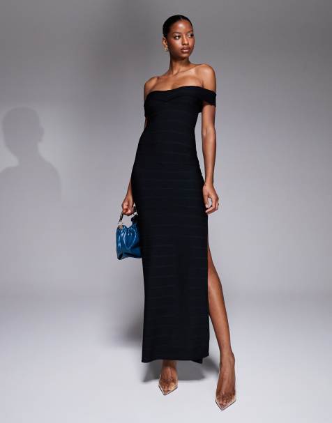 Kaiia exclusive bardot bandage side split maxi dress in black - view 1