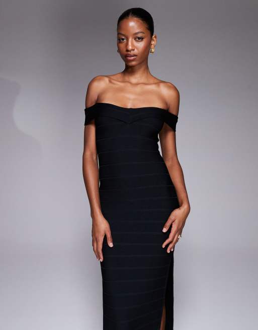 Kaiia exclusive bardot bandage side split maxi dress in black