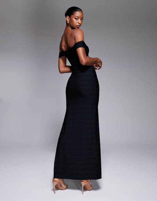 Kaiia exclusive bardot bandage side split maxi dress in black