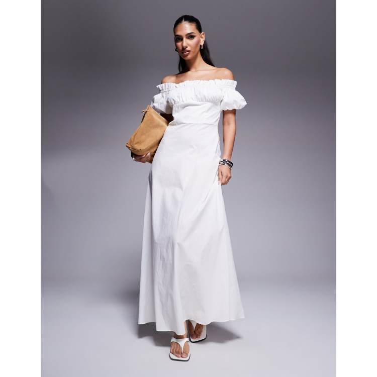 Coast☆Puff Sleeve Bardot Satin Maxi ワンピース【UK発】 Shop Padma | White Draped Bardot Maxi Dress With Cape