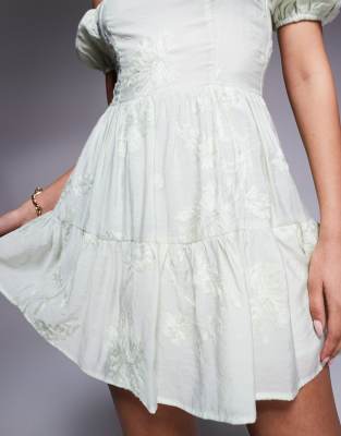 Kaiia Exclusive Bardot Puff Sleeve Embroidered Tiered Skirt Mini Dress In Green