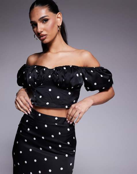Kaiia exclusive bardot puff sleeve satin crop top co-ord in black polka dot