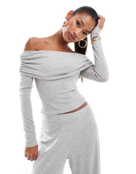 Kaiia exclusive bardot ribbed fold detail top in light grey marl (part of a set) - view 1