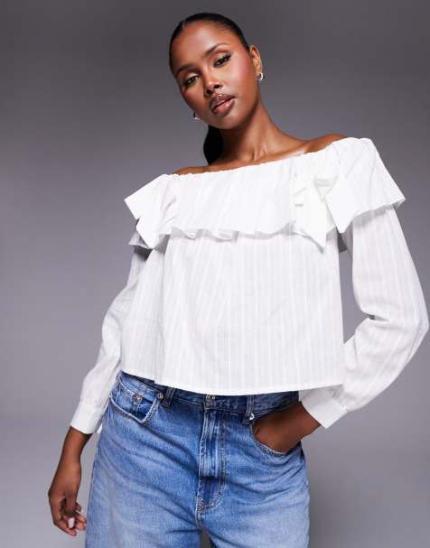 Kaiia exclusive bardot ruffle foldover bow detail long sleeve top in textured white stripe - view 1