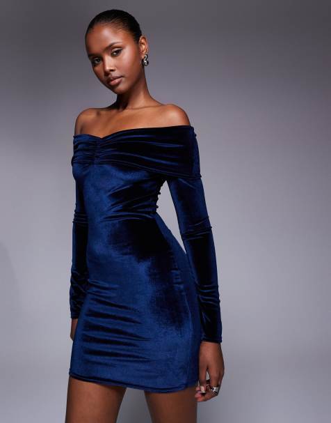 Kaiia exclusive bardot sweetheart neckline long sleeve mini dress in navy velvet - view 1