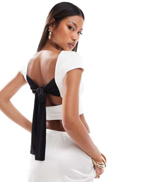 Kaiia exclusive double layered slinky contrast bow tie back top in white 